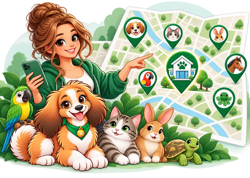 Illustration: Eine Stadtkarte mit Markierungen für Tierarztpraxen, Tierklinik, Pferdepraxis und Exotenpraxis.