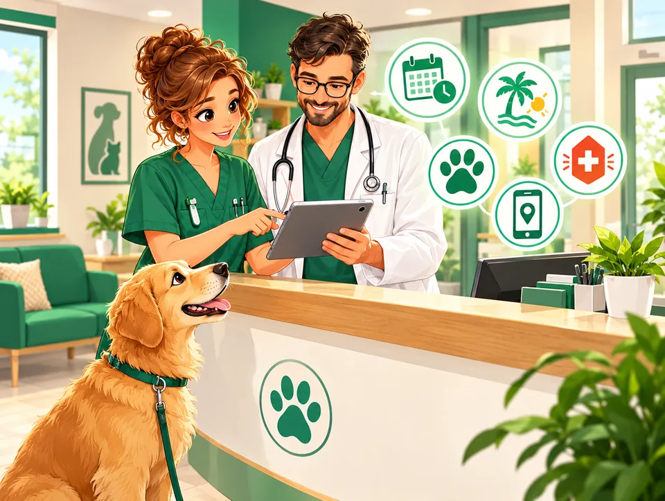 Illustration: Eine Tiermedizinische Fachangestellte und ein Tierarzt am Empfangstresen pflegen auf einem Tablet die Sprechzeiten; daneben ein Hund, ein Kalender und ein Smartphone mit Praxis-Standort.