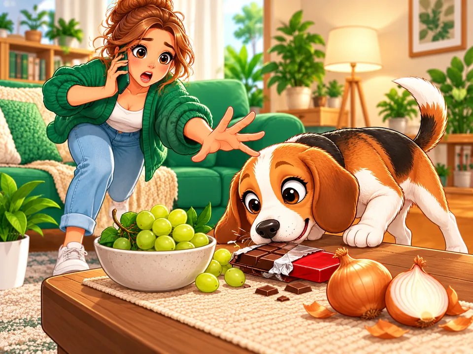 Illustration: Ein Hund schnuppert neugierig an einer Tafel Schokolade, die auf dem Couchtisch liegt.