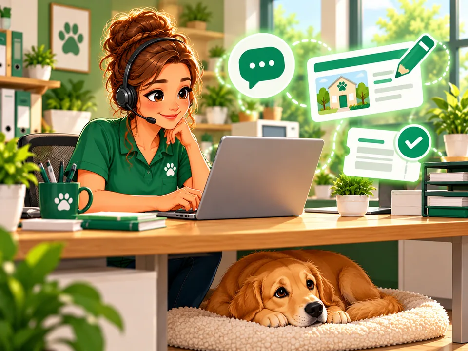Illustration: Ein Mitarbeiter mit Headset liest eine Nachricht am Laptop; Symbole zeigen Nachricht, Korrektur eines Praxiseintrags und erledigtes Ticket.