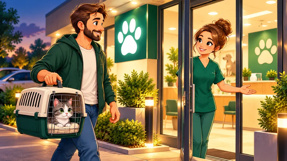 Illustration: Ein Mann trägt seine Katze in einer Transportbox zum Eingang einer Tierklinik.