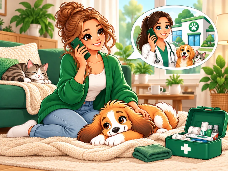 Illustration: Eine Frau telefoniert ruhig mit der Tierklinik, ihr Hund liegt auf einer Decke neben ihr.