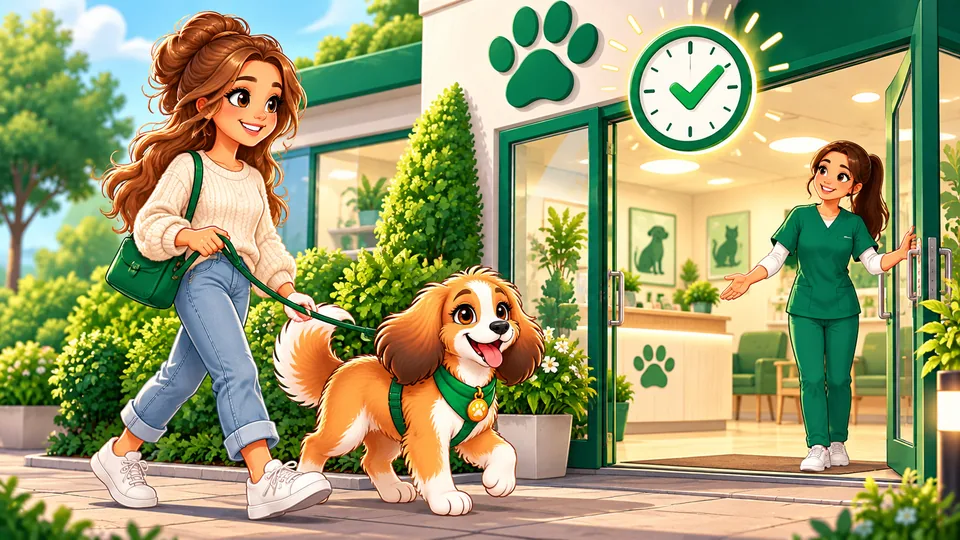 Illustration: Ein Mädchen geht mit ihrem Hund an der Leine zu einer geöffneten Tierarztpraxis.