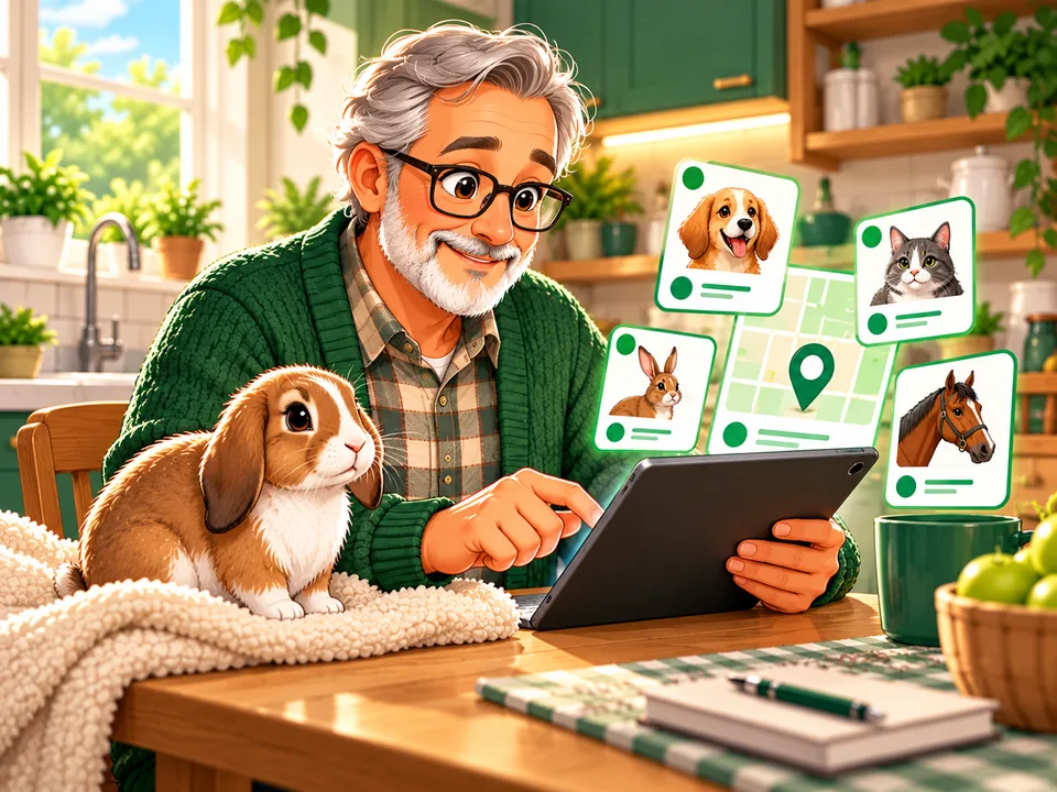 Illustration: Ein älterer Mann tippt auf dem Tablet, sein Kaninchen sitzt neben ihm; passende Praxen erscheinen auf dem Bildschirm.