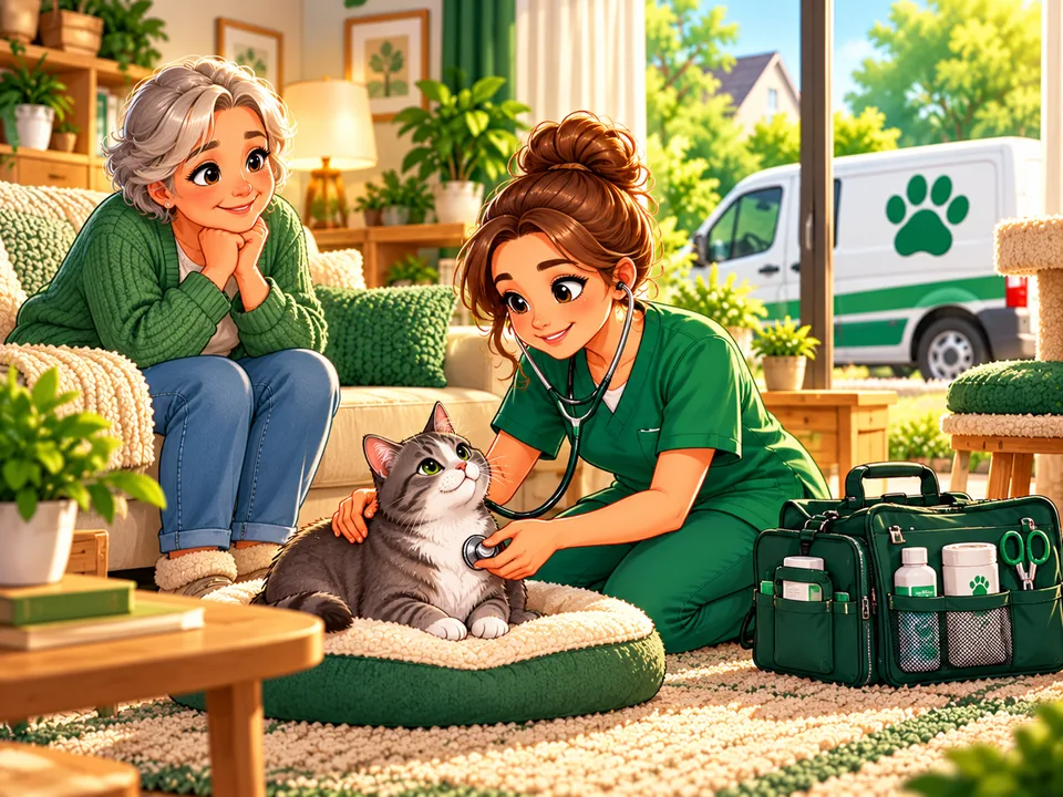Illustration: Eine mobile Tierärztin untersucht eine ältere Katze entspannt auf dem heimischen Sofa.