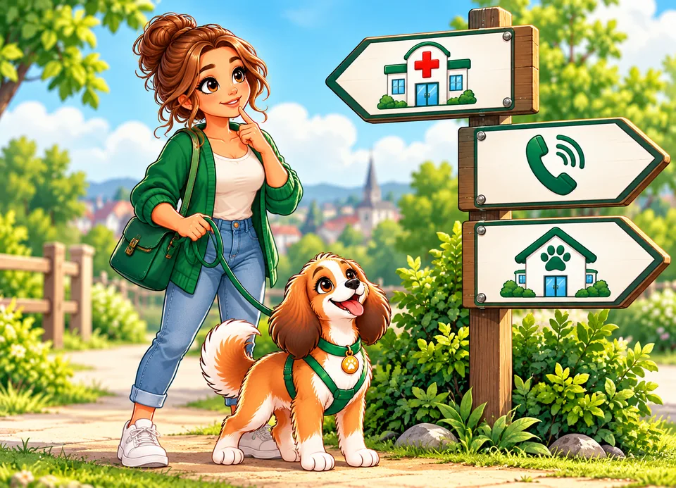 Illustration: Eine Frau mit Hund steht an einem Wegweiser mit drei Schildern – Tierklinik, Notdienst-Telefon und Tierarztpraxis.